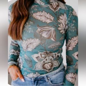 Blue B Mesh Top Size L Teal Long Sleeve Mock Neck Back Keyhole Button Closure